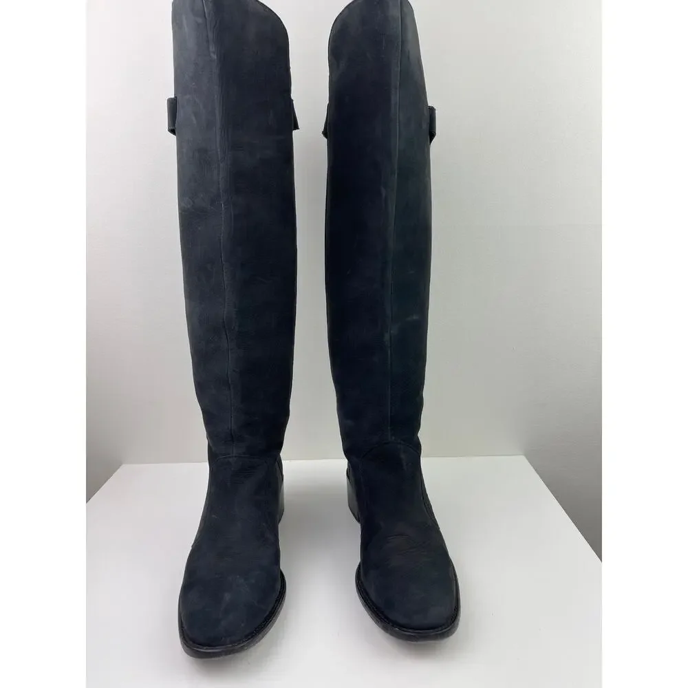 FENDI Black Nubuck Leather Knee High Riding Boots Almond Toe Heel Size 38 ITALY